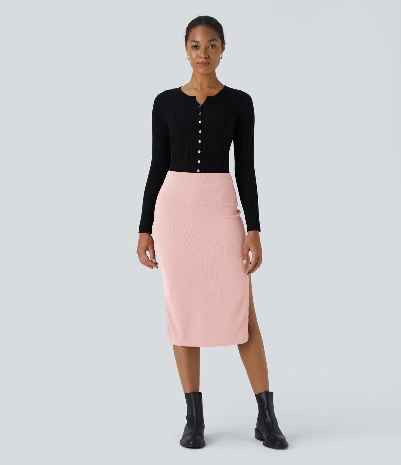 NWT Halara Ribbed High Waisted Bodycon Midi Casual Skirt Mellow Rose M