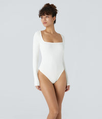 NWT Halara Ribbed Knit Square Neck Long Sleeve Skinny Casual Bodysuit White - M