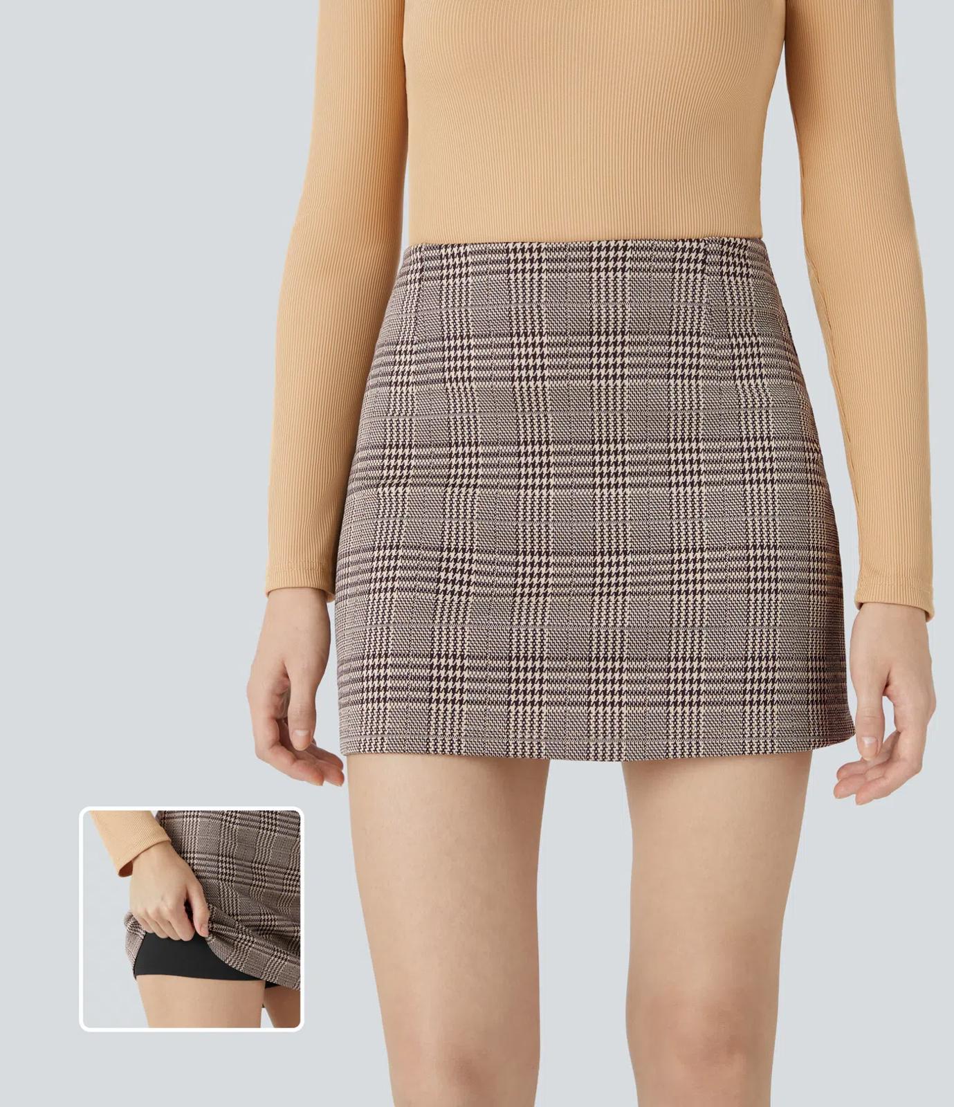 NWT Halara High Waisted 2-in-1 Houndstooth Plaid Mini Work Skirt Brown Plaid L