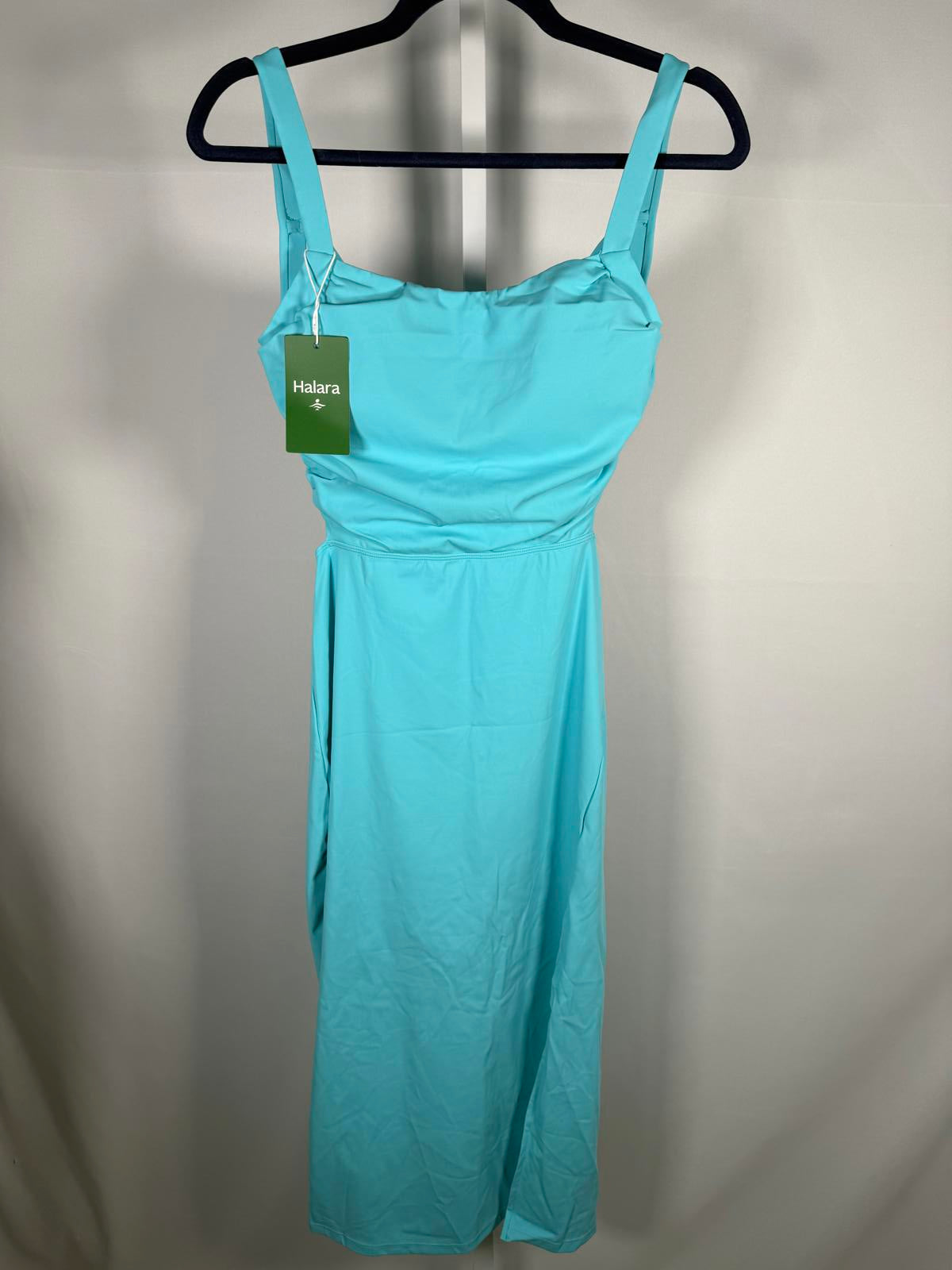 NWT Halara Ruched Lace Up Bodycon Midi Casual Dress Loka Blue M