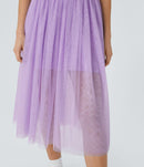 NWT Halara V Neck Ruched Lace Up Contrast Mesh Midi Casual Dress Orchid Bloom L