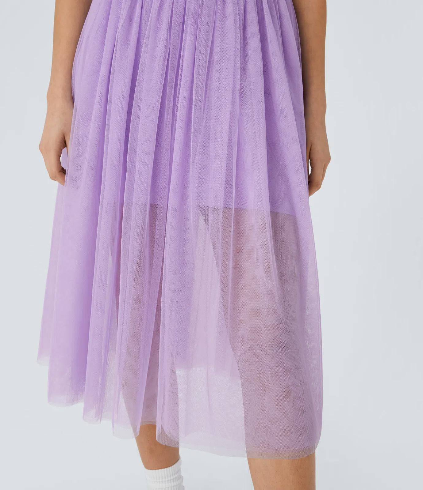 NWT Halara V Neck Ruched Lace Up Contrast Mesh Midi Casual Dress Orchid Bloom L