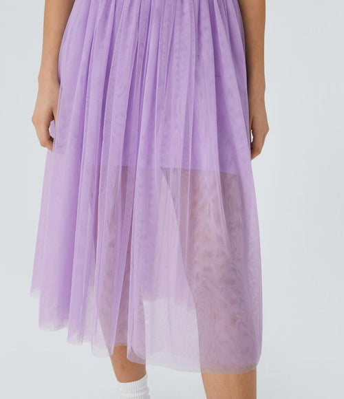 NWT Halara V Neck Ruched Lace Up Contrast Mesh Midi Casual Dress Orchid Bloom L