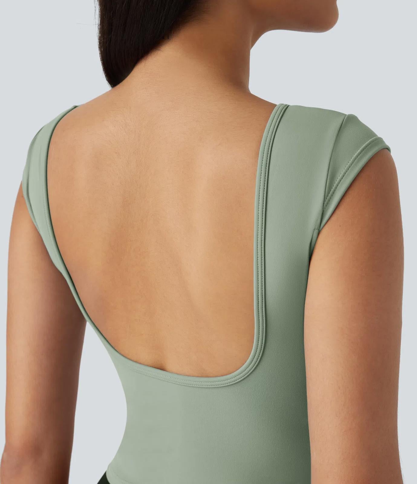 NWT Halara Boat Neck Cap Sleeve Cropped Casual T-Shirt-UPF50+ Asparagus S