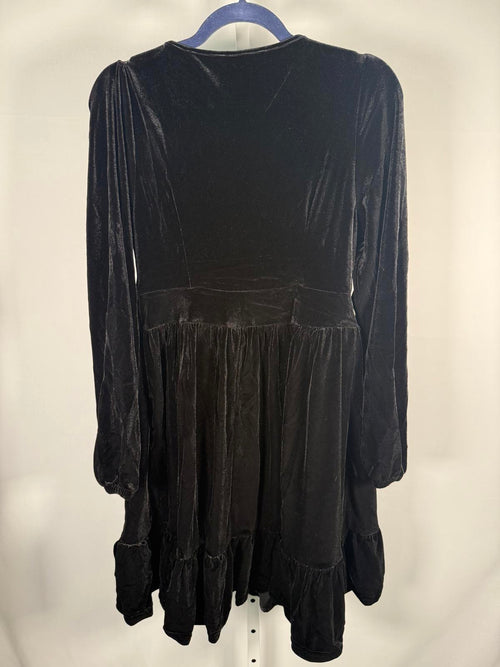 NWT Halara Deep V Neck Long Sleeve Ruffled Hem Velvet Mini Chill Dress Black L