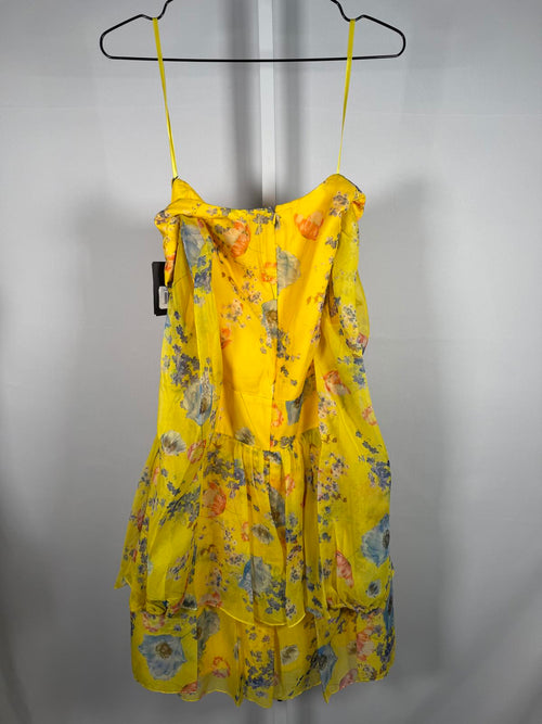 NWT Mac Duggal Yellow Floral Print Puff Sleeve Ruffled Mini Dress Size 4