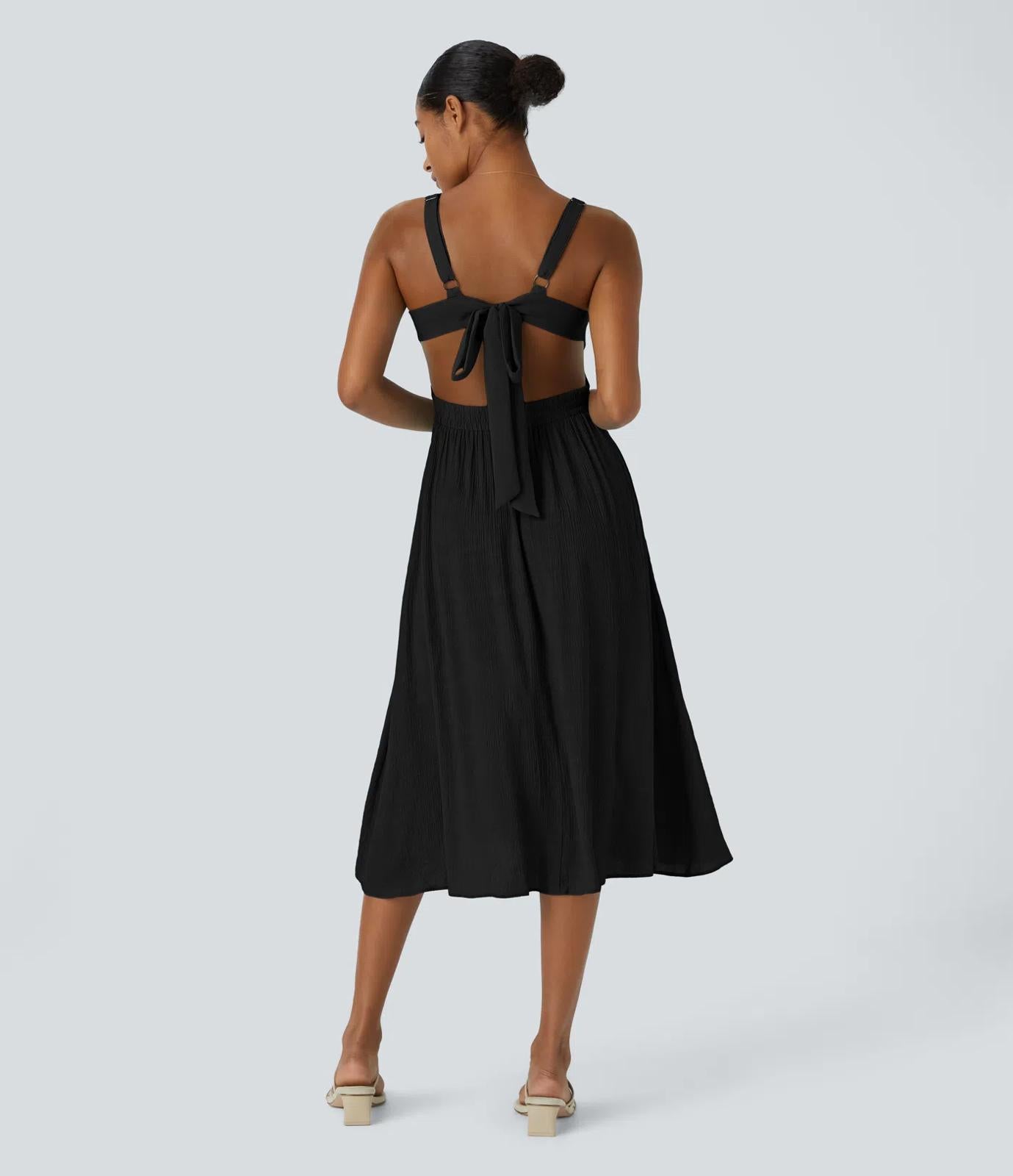 NWT Halara Deep V Neck Sleeveless Tie Back Cut Out Pocket Flowy Dress Black M