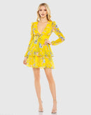 NWT Mac Duggal Yellow Floral Print Puff Sleeve Ruffled Mini Dress Size 4