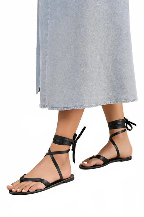 Lulus Maire Black Lace-Up Flat Thong Sandals - 5 NWB