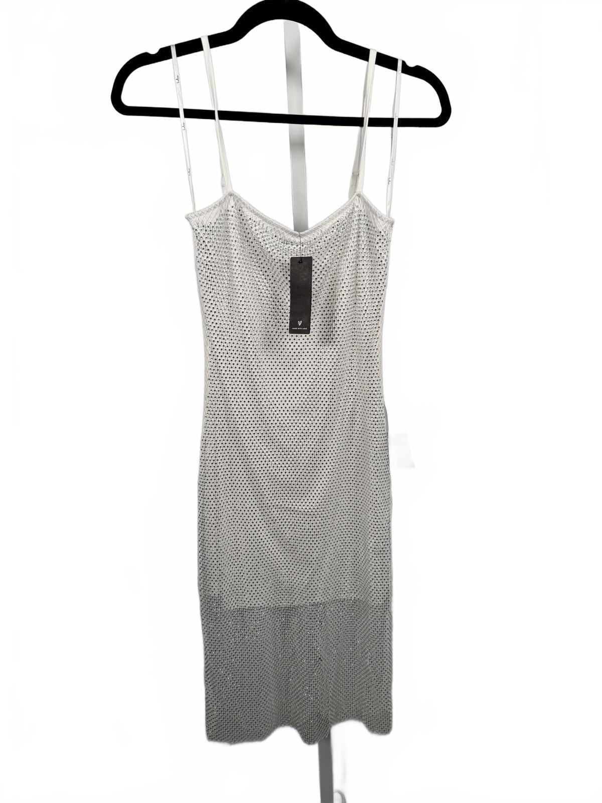 Lulus Memorable Glow White Fishnet Rhinestone Bodycon Midi Dress - S NWT