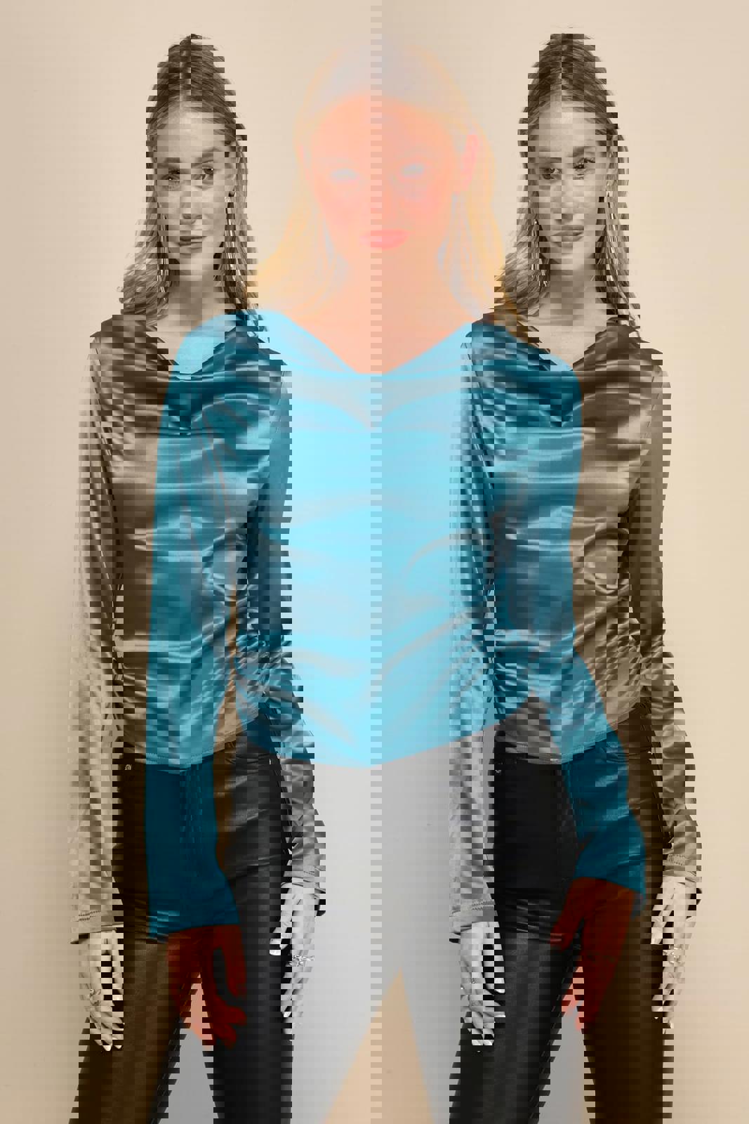 Lulus Lovely Outing Teal Green Satin Cowl Neck Backless Tie-Back Top Size S