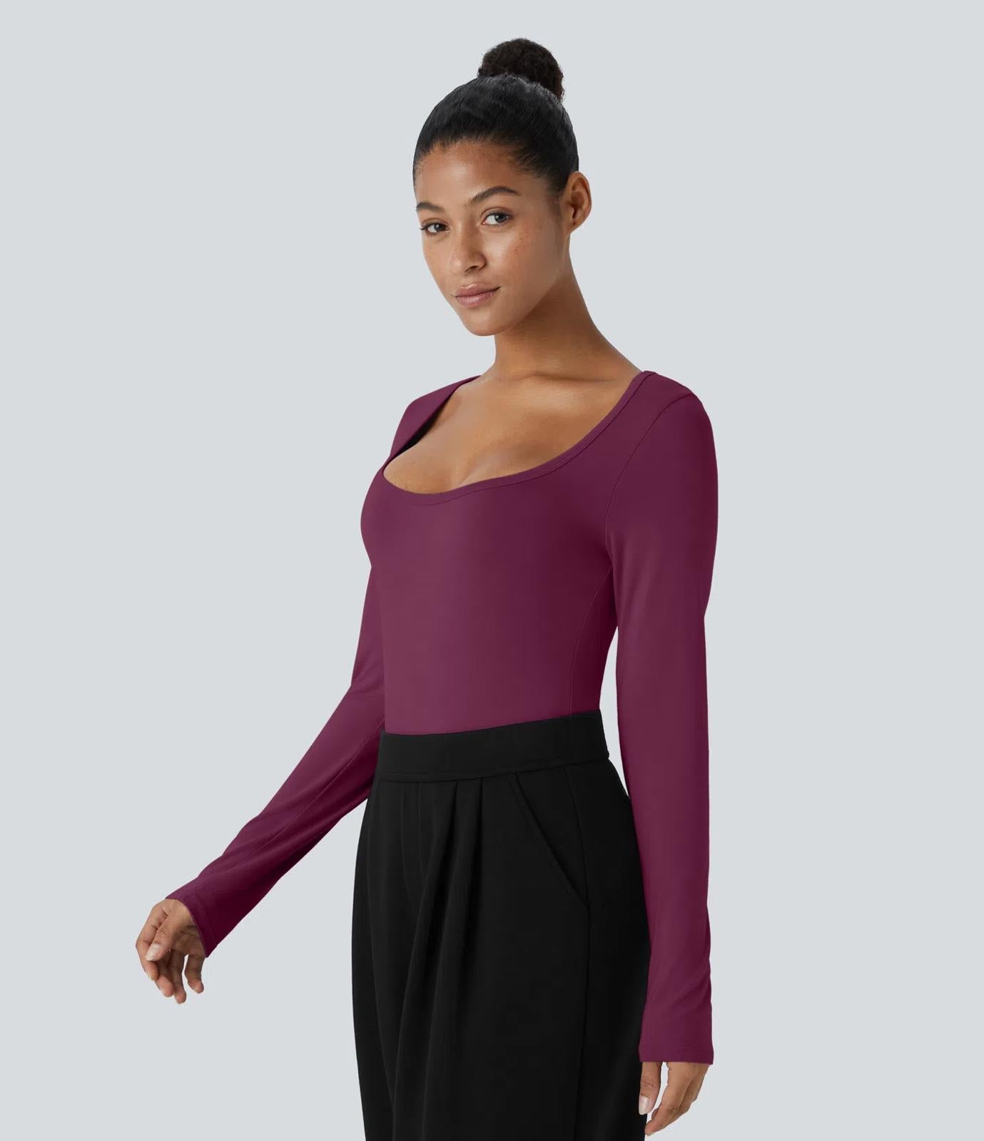 NWT Halara U Neck Long Sleeve Snap Button Skinny Work Bodysuit Red Violet, Large