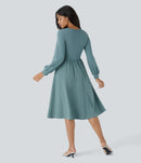 NWT Halara V Neck Bishop Long Sleeve Flare Midi Casual Dress Stone Blue Size L
