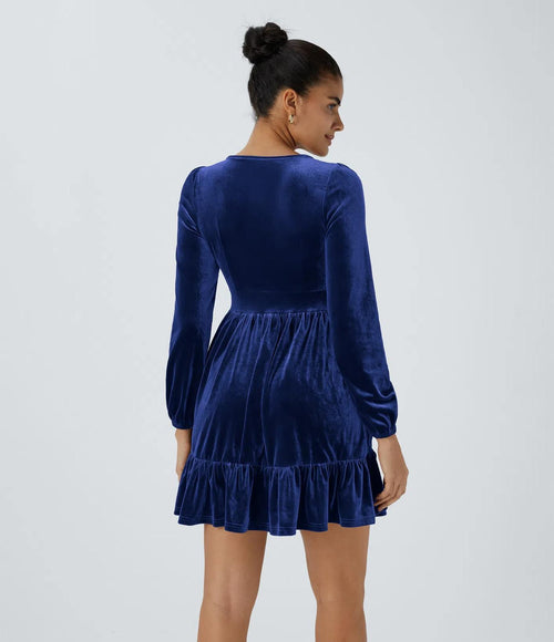 NWT Halara Everyday Deep V Neck Long Sleeve Ruffled Hem Velvet Mini Dress Large