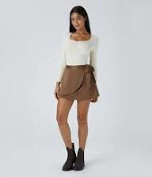 NWT Halara Suede Wrap Side Tie Mini Skirt in Pecan Pie S