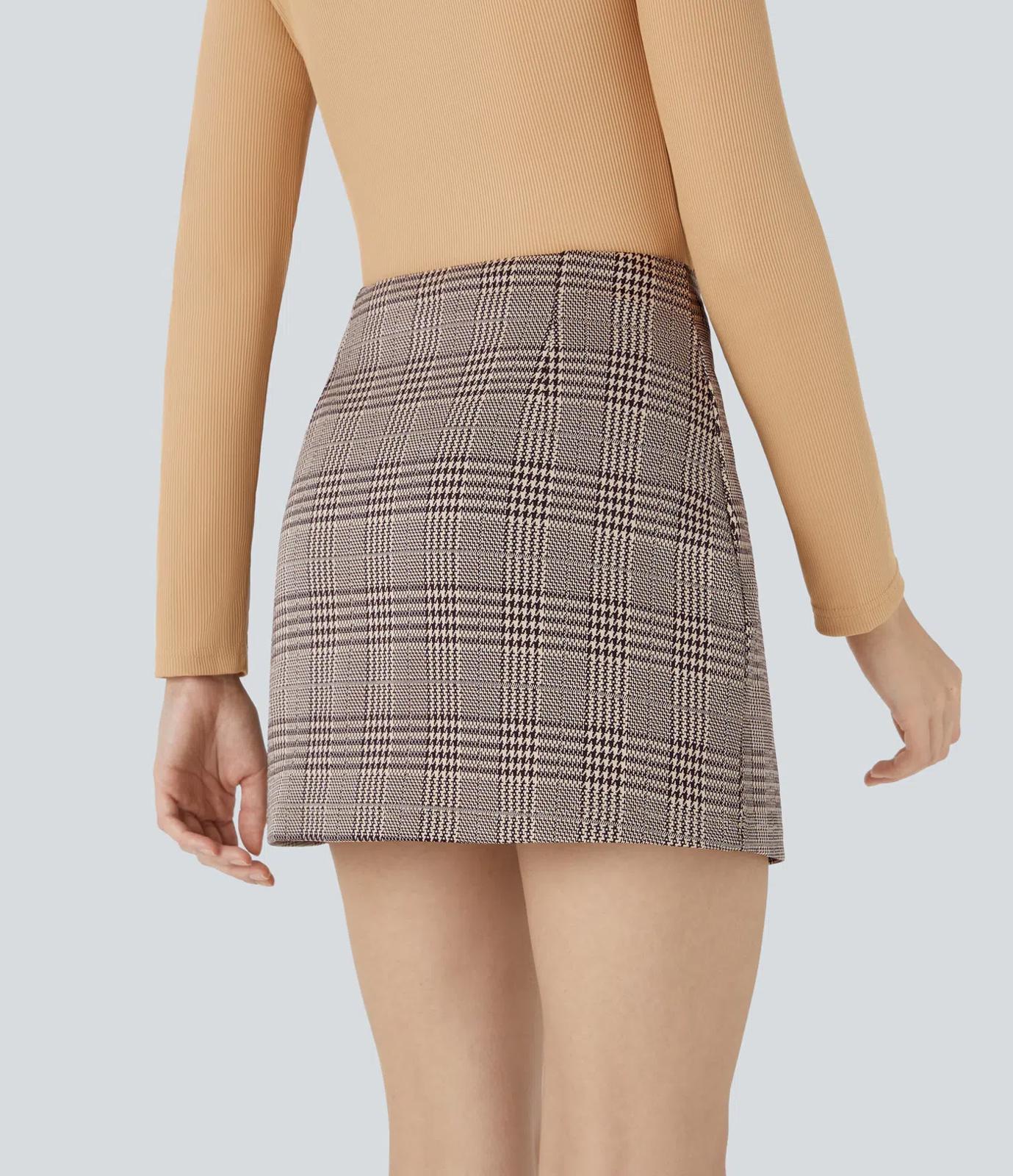 NWT Halara High Waisted 2-in-1 Houndstooth Plaid Mini Work Skirt Brown Plaid L