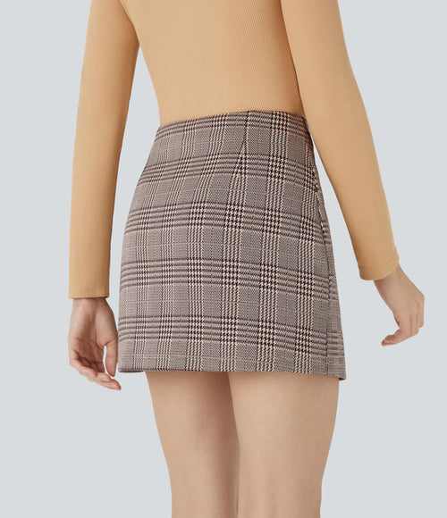 NWT Halara High Waisted 2-in-1 Houndstooth Plaid Mini Work Skirt Brown Plaid L