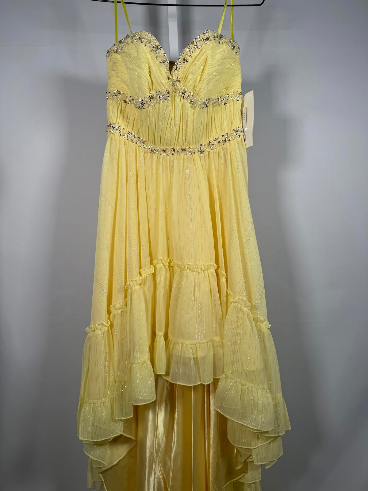 NWT Mac Duggal Yellow Strapless High-Low Ruffle Dress with Embellishments Size 4