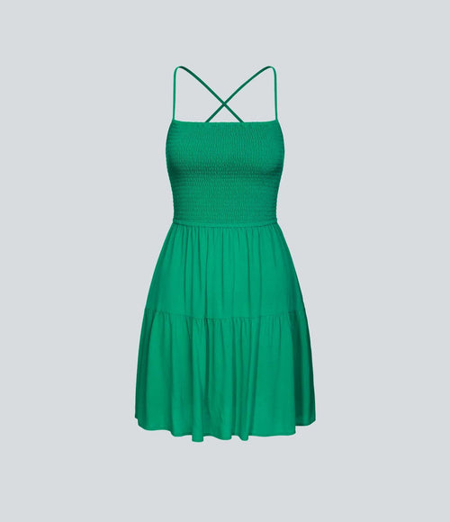 NWT Halara Shirred Flowy Mini Linen-Feel Casual Dress Parakeet Small