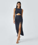 NWT Halara Round Neck Cut Out Ruched Drawstring Hem Bodycon Maxi Dress Size M