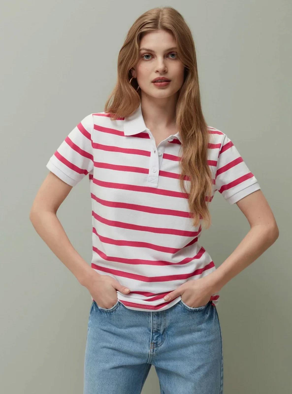 NWT Piombo Pink White Stripe Short Sleeve Pique Polo Shirt Womens US Size S