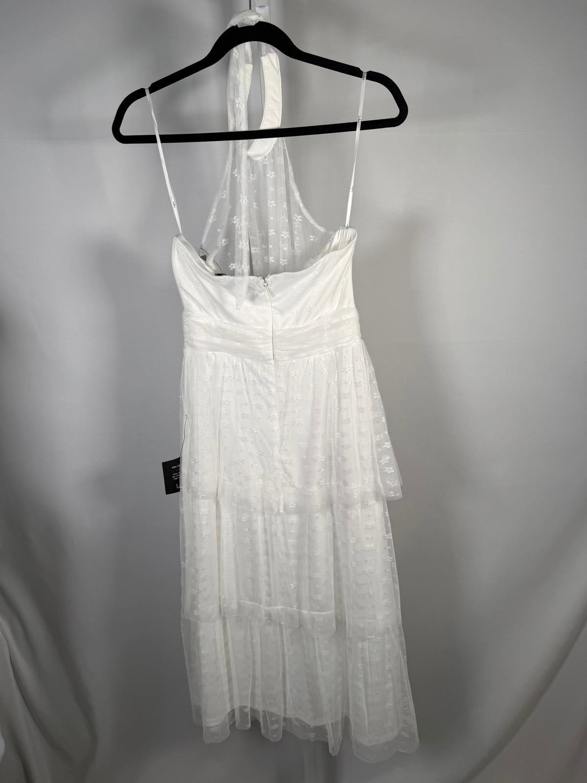 Lulus Positively Precious White Floral Mesh Tiered Halter Midi Dress Size S