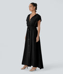 NWT Halara Deep V Neck Butterfly Sleeve Pocket Flowy Maxi Casual Dress Black L