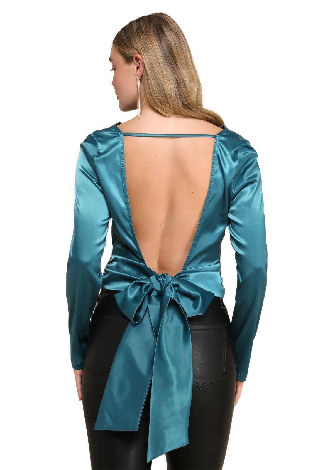 NWT Lulus Lovely Outing Teal Green Satin Cowl Neck Backless Tie-Back Top Size S