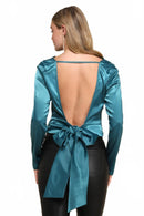 NWT Lulus Lovely Outing Teal Green Satin Cowl Neck Backless Tie-Back Top Size S