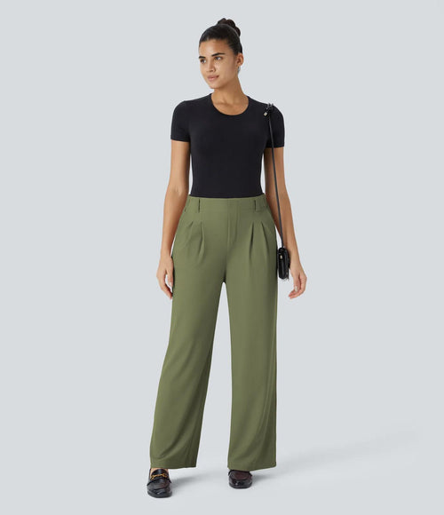 NWT Halara Flex High Waisted Pocket Wide Leg Micro Waffle Work Pants Mosstone XL