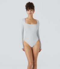 NWT Halara Ribbed Square Neck Long Sleeve Skinny Casual Bodysuit Glacier Gray M