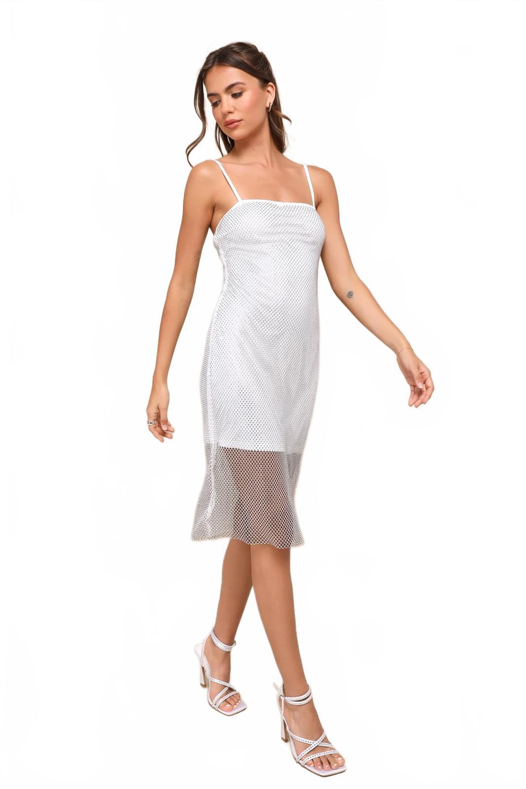 Lulus Memorable Glow White Fishnet Rhinestone Bodycon Midi Dress - S NWT