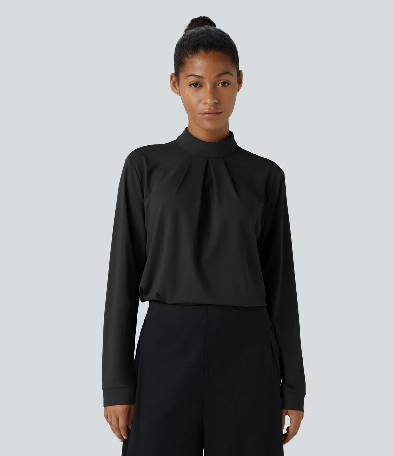 NWT Halara Stand Collar Back Long Sleeve Work Blouse Black M