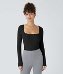 NWT Halara Ribbed Knit Square Neck Long Sleeve Skinny Casual Bodysuit Black L