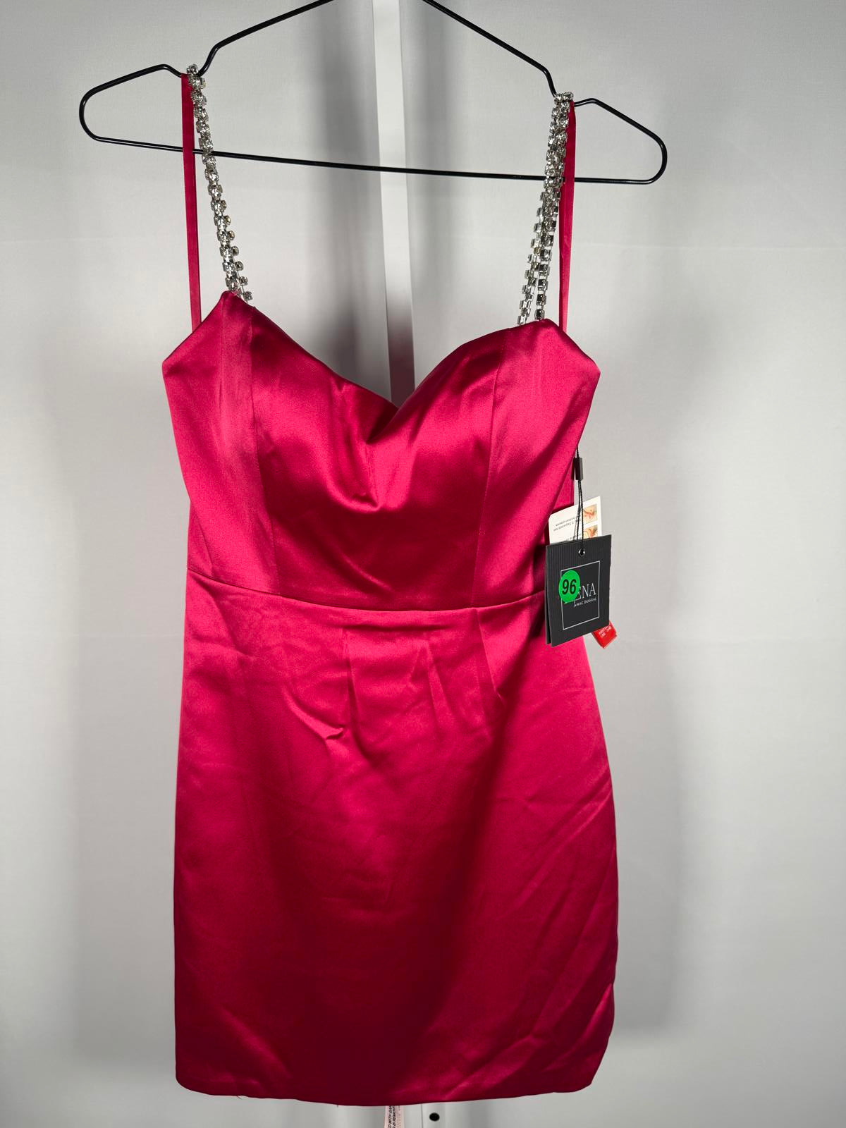 NWT Mac Duggal Apparel  Candy Pink Rhinestone Strap Satin Mini Dress Size 2