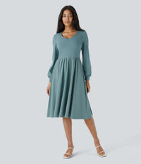 NWT Halara V Neck Bishop Long Sleeve Flare Midi Casual Dress Stone Blue Size L