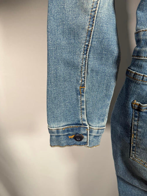 NWT Etienne Marcel Faded Wash Notch Lapel Denim Jumpsuit, Size M