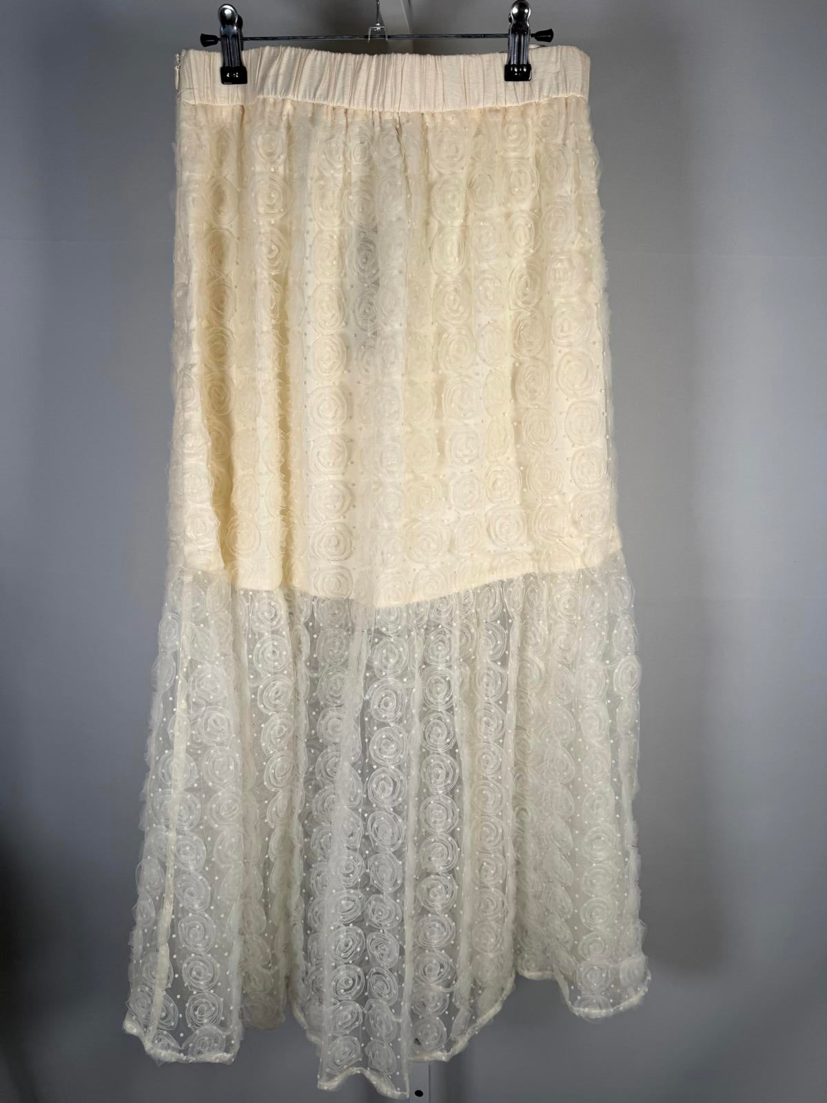 NWT Lulus Ideal Adoration Cream Tulle Swiss Dot Rosette Midi Skirt Size L
