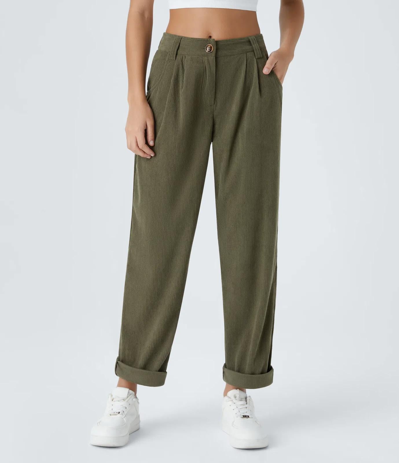 NWT Halara Mid Rise Zipper Pocket Corduroy Casual Pants Bamboo Green Size Small