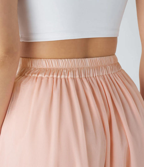 NWT Halara High Waisted Mesh Overlay Flowy Flare Midi Casual Skirt Cream Tan XS