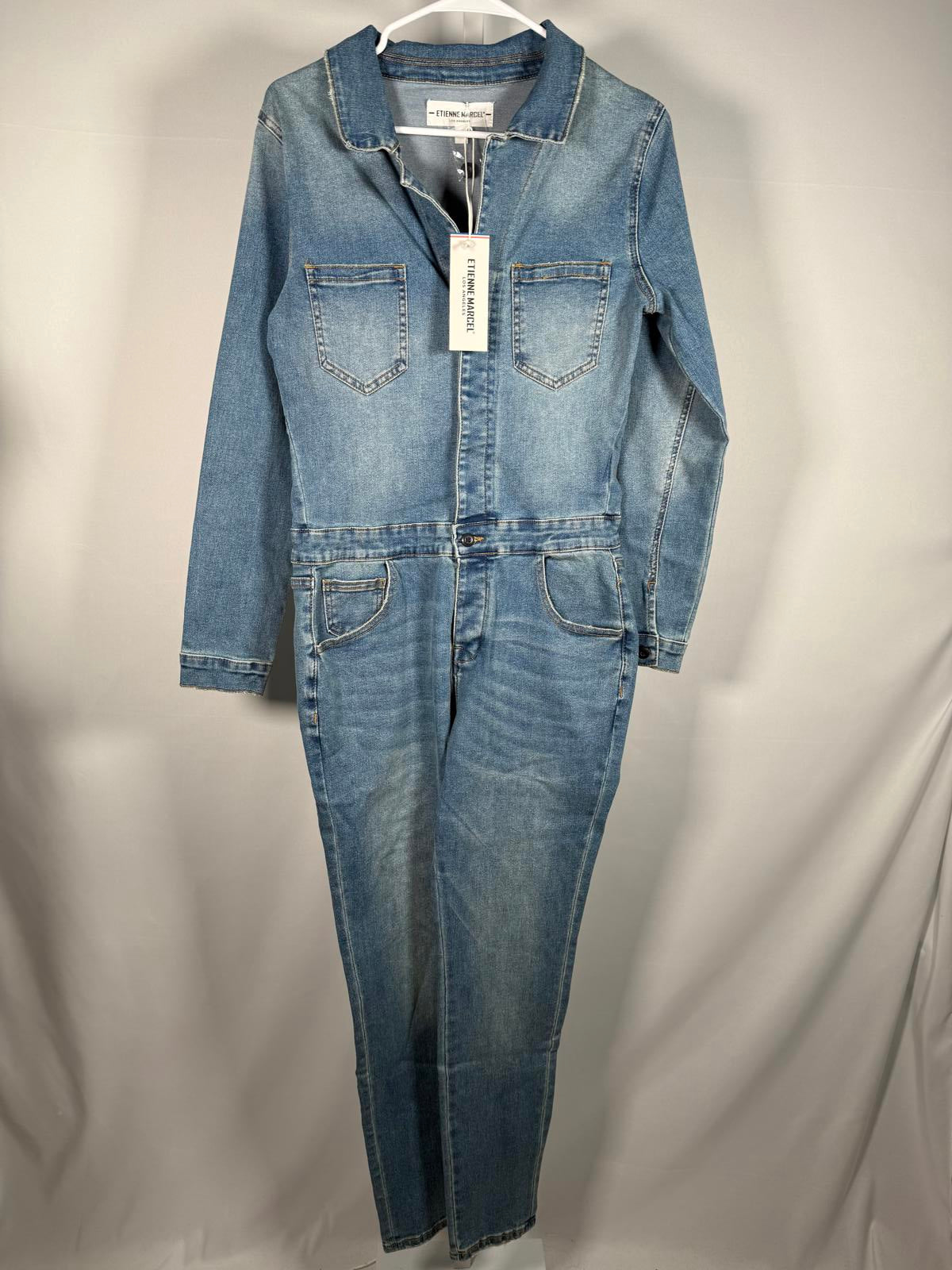 NWT Etienne Marcel Faded Wash Notch Lapel Denim Jumpsuit, Size M