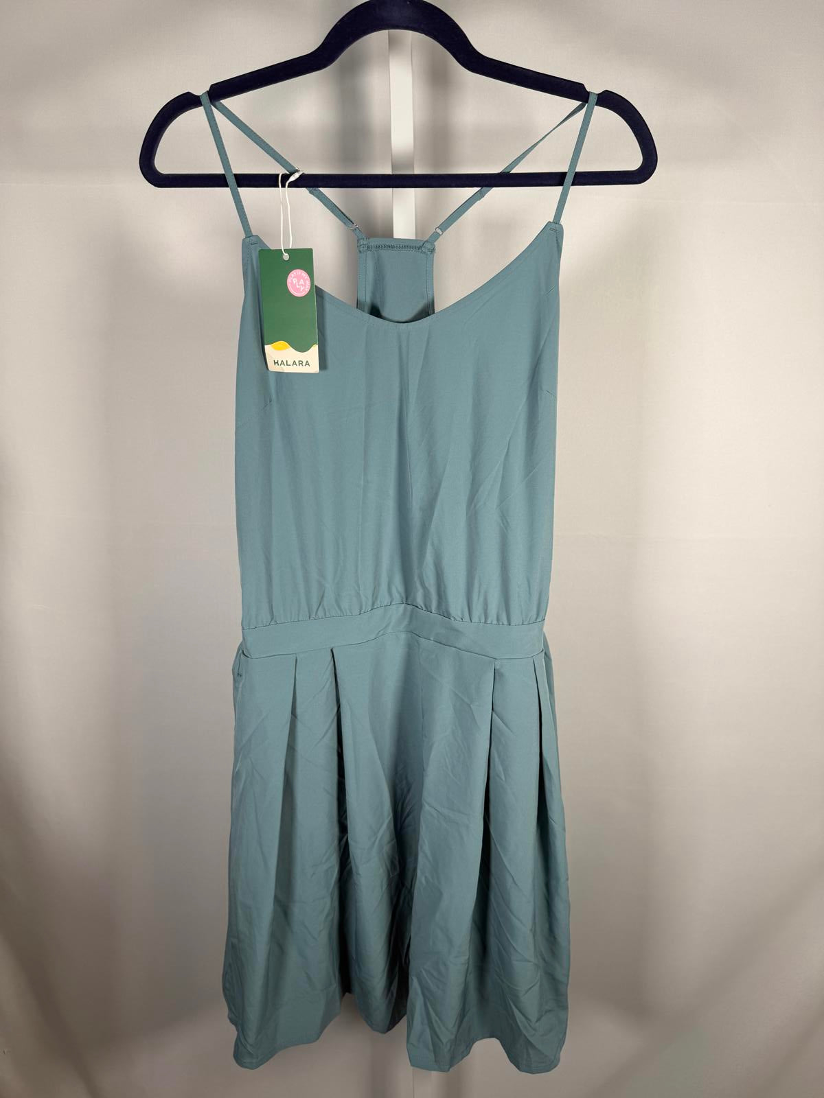 NWT Halara Breezeful Cut Out Pocket Pleated Mini Casual Dress Mineral Blue M
