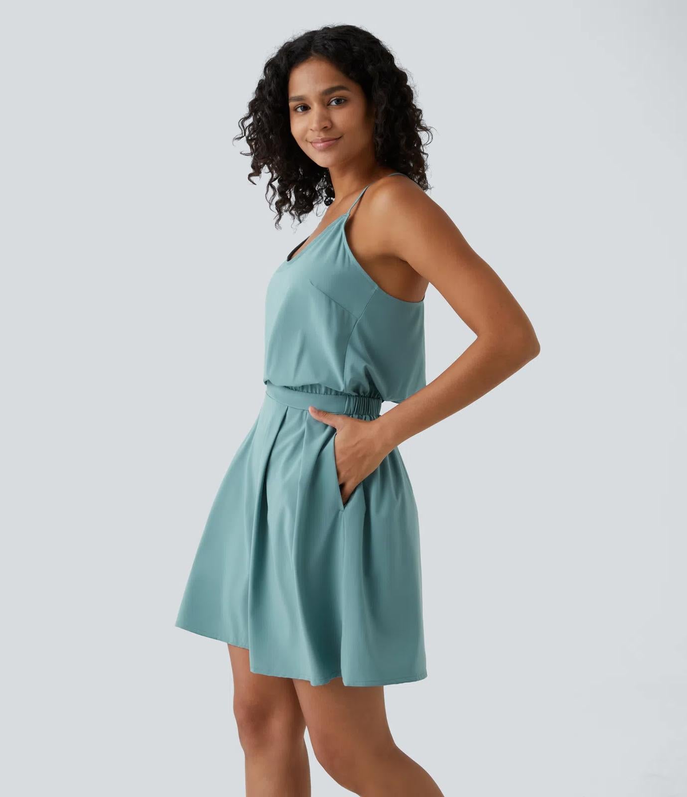 NWT Halara Breezeful Cut Out Pocket Pleated Mini Casual Dress Mineral Blue M