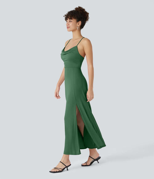 NWT Halara Ribbed Cowl Neck Lace Up Midi Dress Green Size Small