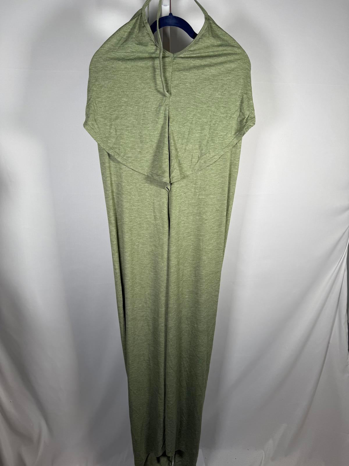 NWT Halara V Neck Tie Back Ruched Maxi Slip Dress Light Green Floral Yarn L