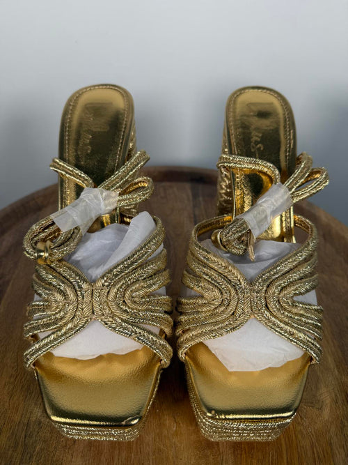 Lulus Seelah Gold Metallic Strappy Platform High Heel Sandals - 11 NWB