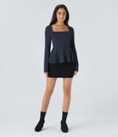 NWT Halara Square Neck Long Sleeve Ruffle Hem Work Top Dark Sapphire M