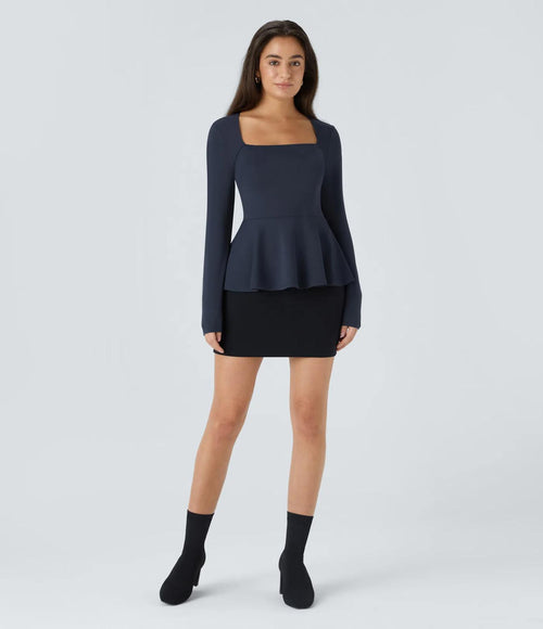 NWT Halara Square Neck Long Sleeve Ruffle Hem Work Top Dark Sapphire M