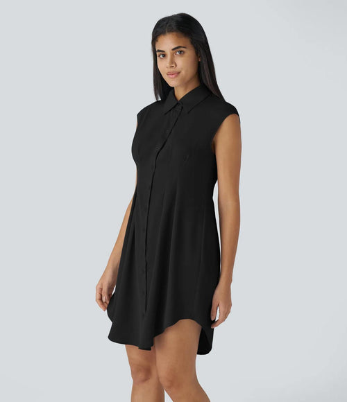 NWT Halara Sleeveless Curved Hem Mini Work Shirt Dress Black Size XL