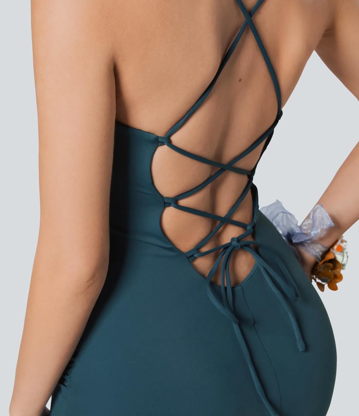 NWT Halara SoftlyZero Airy Crossover Ruched Lace Up Bodycon Dress Size Small